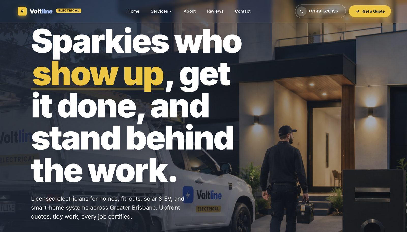 Sparkies who show up — Voltline Electrical concept website preview