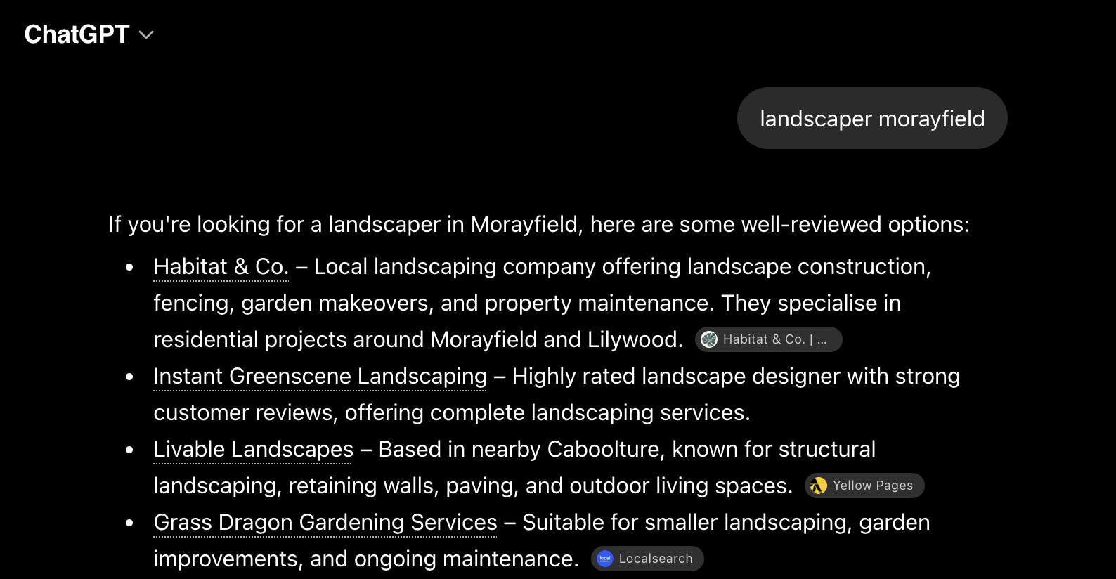 ChatGPT recommending Habitat & Co first when asked for a landscaper in Morayfield