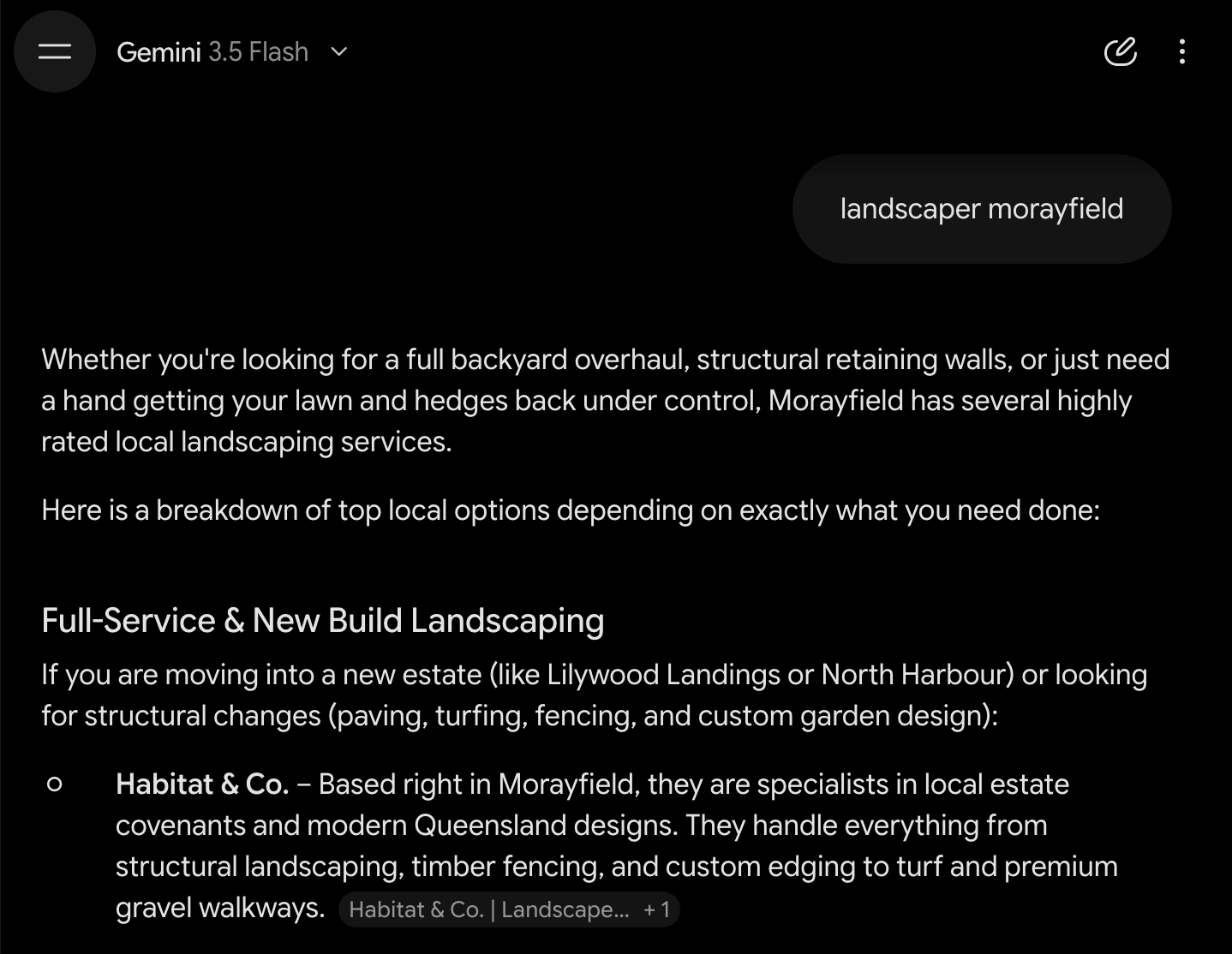 Google Gemini recommending Habitat & Co when asked for a landscaper in Morayfield